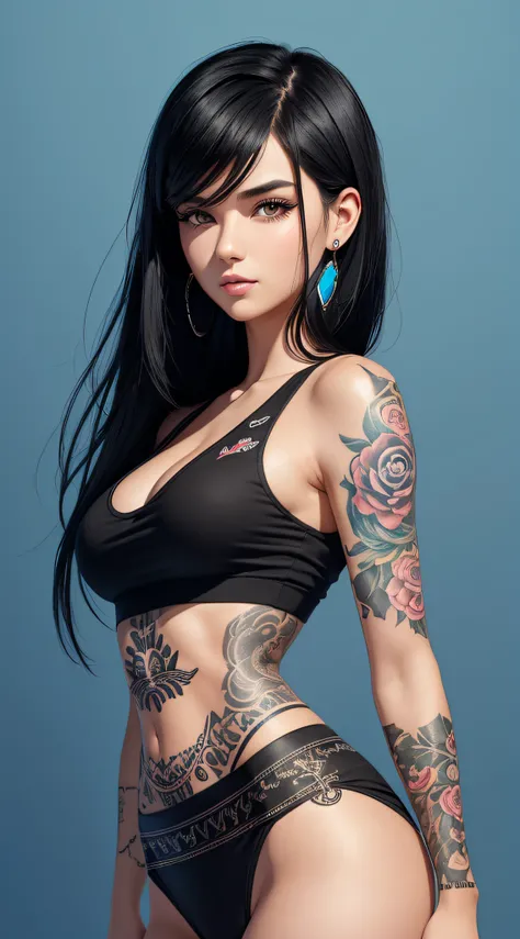 A pretty 20 years old sweet woman with black hair and tattoo body, Extremely pretty face, rich details, waist shot, portrait, upper body of the character, flat illustration, 2d, minimalism,by Aka Outwork style,solid blue background without impurities