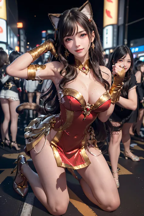 masterpiece, top-quality, top-quality, Beautifully Aesthetic:1.2, 1girl, Halloween night, ((Wearing a high-quality Red and Gold costume of fur of cat, gloves of cat, cat paw-shaped shoes, fur miniskirt):1.2), (Silver pin heels:1.1), high detailed, (kneelin...