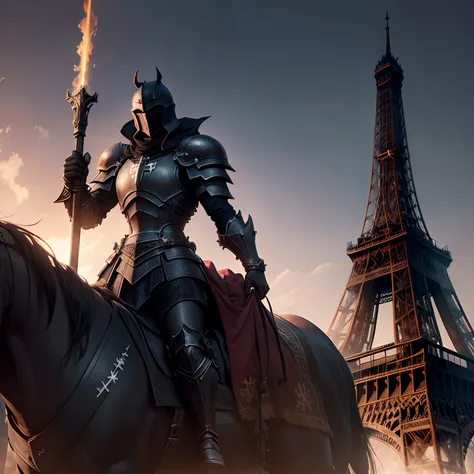 Triumphant black Knight crusader with black armor iron cross symbol in paris razed with black eiffel tower at night dark black american flag