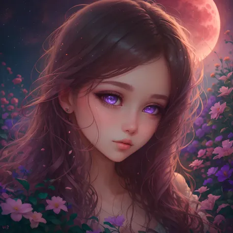 (a girl in a garden),illustration,beautiful detailed eyes,beautiful detailed lips,red sky,bright purple moon,ultra-detailed,realistic,portrait,vivid colors,soft lighting --auto --s2