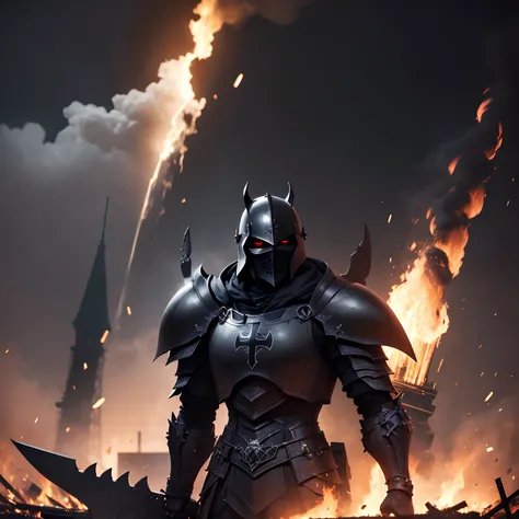 Triumphant black Knight crusader with black armor iron cross symbol in paris razed with black eiffel tower on fire raid at night dark black american flag