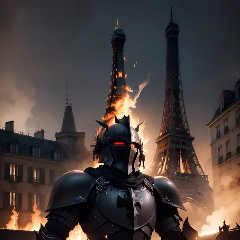 Triumphant black Knight crusader with black armor iron cross symbol in paris razed with black eiffel tower on fire raid at night dark black american flag