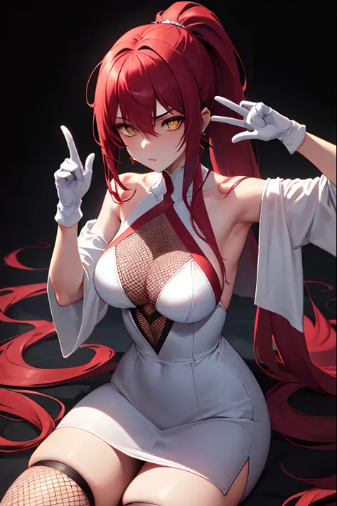 ((masterpiece)), ((best quality)), 1girl, long hair, big bust, ((red hair)), very long red hair, yellow eyes, transparent clothes, ((white clothes)), ((middle hair ponytail)), exposed skin, ligerie, ((sexy pose)), white clothes, ((intimidant look)), withou...