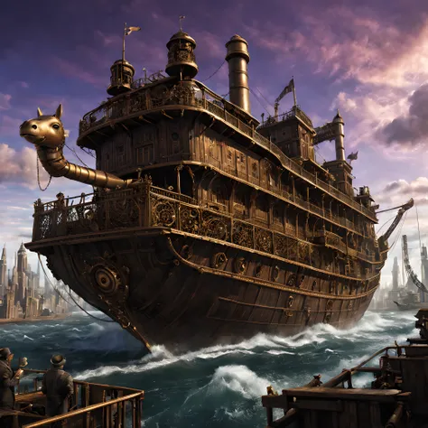 Composition: Create a captivating and visually striking scene within the intricate steampunk world. The central focus of the image should be the majestic Noahs Ark, prominently positioned in the foreground. The composition should emphasize the grandeur of ...