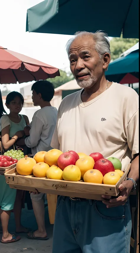 An old man sells a variety of fruits in a bustling marketplace. The vibrant colors of the fruits catch the eye of passersby. He carefully arranges the fruits on his weathered wooden cart, making sure each piece looks fresh and delicious. The sweet aroma of...