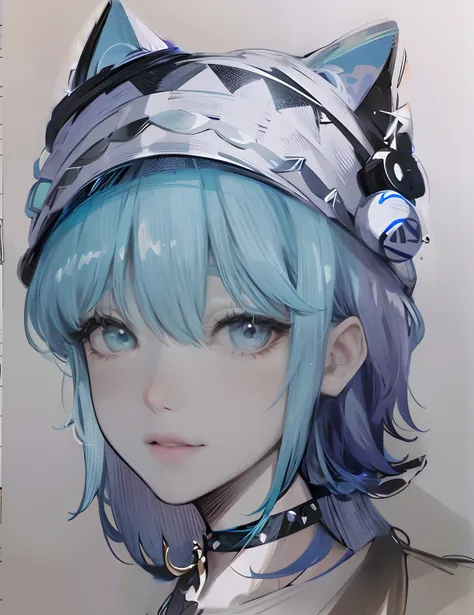 Cat beanie on her head with blue and black stripes (highly detailed texture), spiked choker on neck (detailed texture)