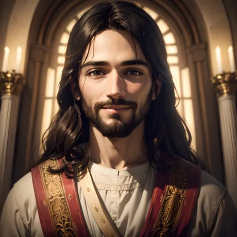 photo of Jesus portrait, smiling, masterpiece, intricate detail, cinematic lighting, sharp focus, HDR