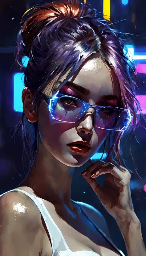 design a digital artwork featuring a futuristic femme fatale with sleek, reflective glass glasses and a smooth, high-tech textur...