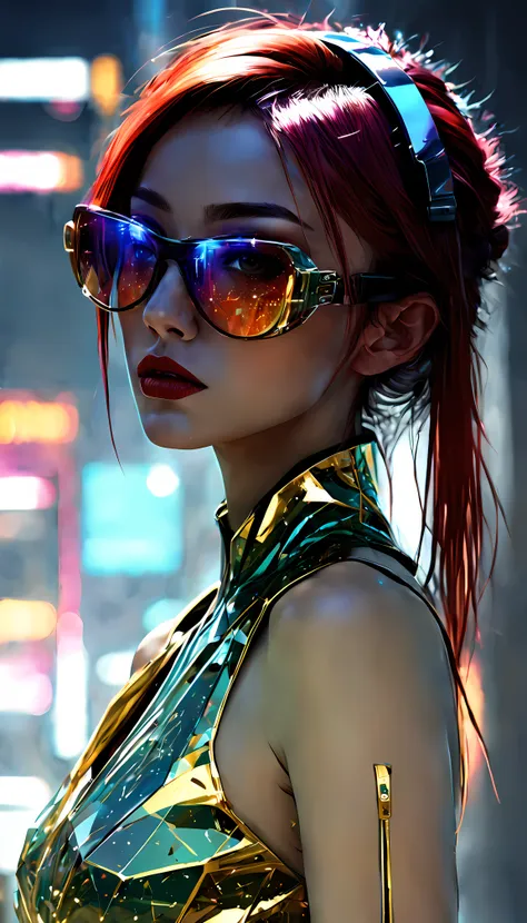 design a digital artwork featuring a futuristic femme fatale with sleek, reflective glass glasses and a smooth, high-tech textur...