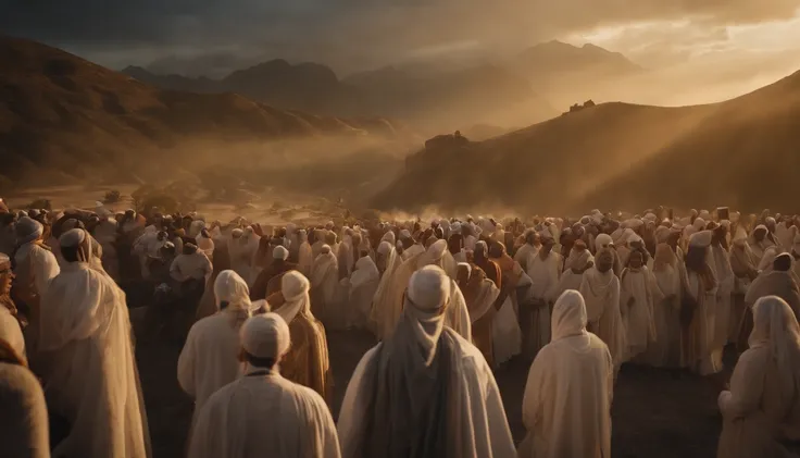 Thousands of people stand in the air,Standing on the clouds, Thousands of people are dressed in white, Raise your hands and sing hymns to praise God. The scenes are magnificent and surreal. (Best Quality, 4k, 8K, high resolucion, Masterpiece:1.2), Ultra-de...