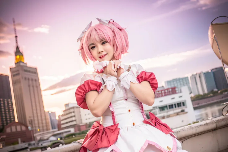 there is a woman in a pink and white dress posing for a picture, madoka kaname, portrait of magical girl, Anime girl cosplay, Anime cosplay, sakura from cardcaptor sakura, cosplay foto, Sakura Kinomoto, remilia scarlet from touhou, Ayaka cosplay, publicity...