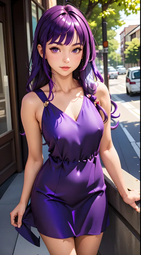 (best quality, ultra-detailed, masterpiece), lovely girl wearing tent dress, extremely cute, cinematic angle, detailed, ((purple hair)), 18 year old, large breast, long hair