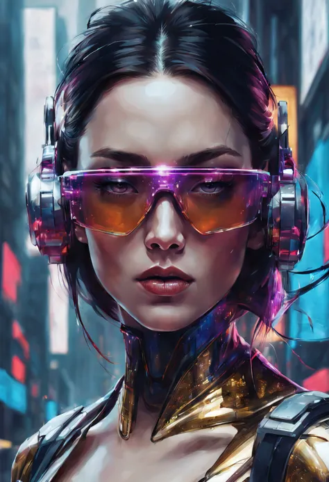 design a digital artwork featuring a futuristic femme fatale with sleek, reflective glass glasses and a smooth, high-tech textur...