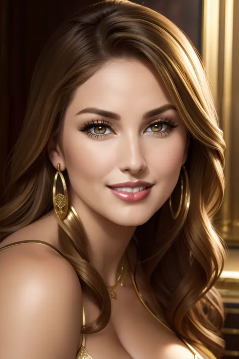 lucy pinder, face portrait, smiling, cleavage, ((Gold lipstick)), Melora Hardin