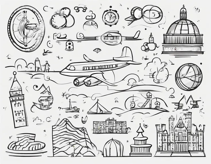 create a doodle art, ball, airplane, google, baby, travelling, clock, stroller, bag pack, "google", cake, camera