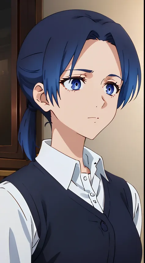 anime girl with blue hair and blue eyes in a white shirt, look at me, very short slicked - back hair, her hair is in a pony tail...