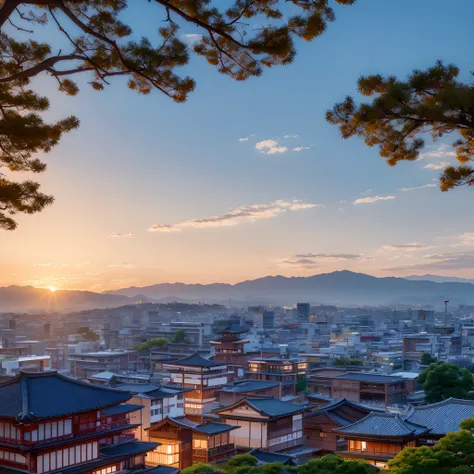 Aesthetic view of Kyoto city, morning, sunrise