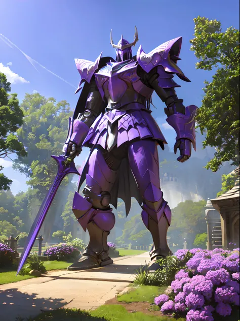 1guy, heavy knight, mecha knight, Giant Sword, closeup, fantastic castle grounds background, Trees and walls, purple theme armor