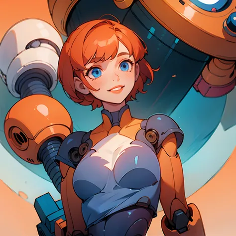 ((solo)), girl, short hair, orange hair, smile, blue lipstick, blue eyes, ((corret body)), strong body, confidently, shirt, robotic arm