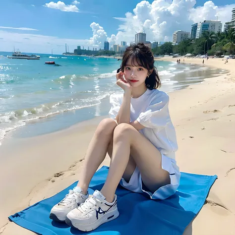 Short-sleeved shorts，Wear sneakers on your feet，White silk pantyhose，fully body photo，All body，Fingers and arms are not exposed，Blue sky and white clouds on the beach in the background