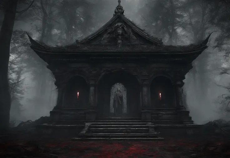 (best quality,4k,8k,highres,masterpiece:1.2),ultra-detailed,(realistic,photorealistic,photo-realistic:1.37), bloody sacrificial altar, hidden in the woods in japan