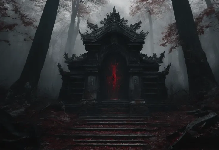 (best quality,4k,8k,highres,masterpiece:1.2),ultra-detailed,(realistic,photorealistic,photo-realistic:1.37), bloody sacrificial altar, hidden in the woods in japan