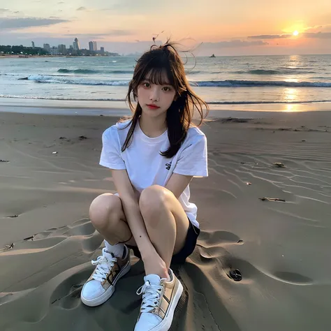 teens girl，By bangs，dual horsetail，Short-sleeved shorts，athletic sneakers，Background sandy beach，stand on sand，All body