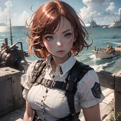 Absurd resolution, high resolution, (masterpiece: 1.4), hyper-detail, open dock weapons testing field by the sea, 1 young woman, short red hair, soldier costume, looking at a phone (1.2) Very serious expression