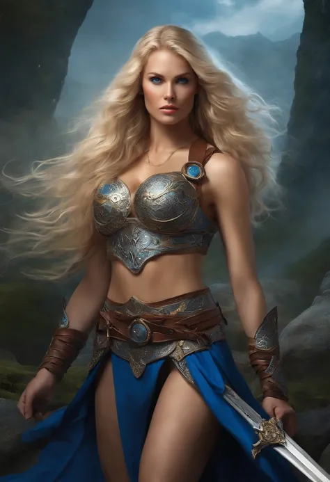 ((erotic art)), Nordic Valkyrie, warrior goddess, long blonde hair. fierce blue eyes, full nude body, perfect medium tits, perfect pussy