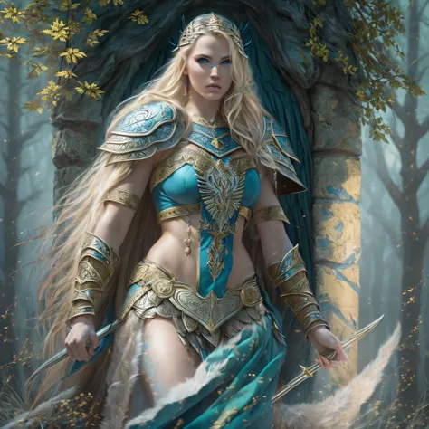 (Nordic Valkyrie,warrior goddess,long blonde hair,fierce blue eyes,full nude body,perfect medium tits,perfect pussy:1.1,erotic art:1.2),(best quality,4k,8k,highres,masterpiece:1.2),ultra-detailed,(realistic,photorealistic,photo-realistic:1.37),oil painting...