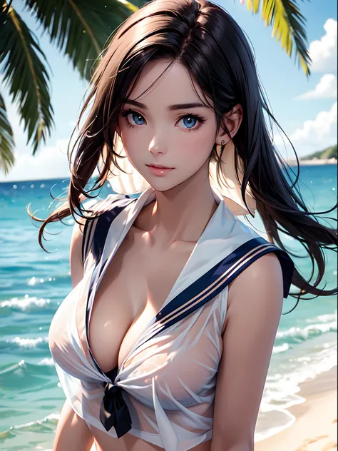 Close  up of face, beautiful face, cute face, (((toppless))), (((sheer sailor  shirt , Sleeveless ))), (((Show off  cleavage))), (((Large breasts))), (((Open front))), Detailed beautiful eyes, (((Sunny))), extremely detailed CG unified 8k wallpaper, very f...