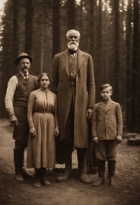 An old souvenir photo: An ancient human giant standing next to three people and taking a picture. The photo was taken in 1918