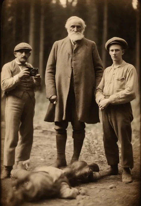 An old souvenir photo: An ancient human giant standing next to three people and taking a picture. The photo was taken in 1918