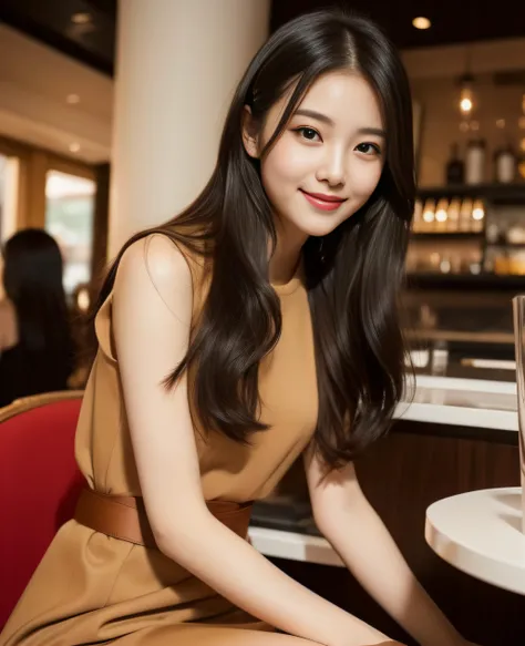 ((Top quality, 8K, Masterpiece: 1.3)), Beautiful girl, Pure, Melon face, Kind and cute, Sweet smile, Pure desire, Slender body, (Front), (Tilted head), ((Looking at camera) ), wearing a amber colored suit, black silky long hair, long flowing shoulders, rou...