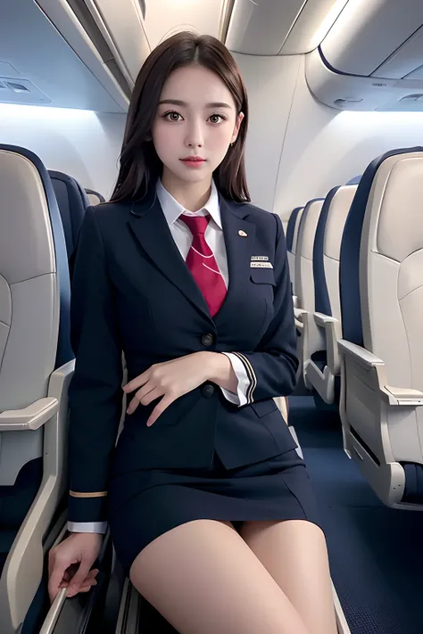 Top Quality, Masterpiece, 8K, Ultra High Definition, (Photorealistic: 1.4), 1 Girl, Beautiful Face, Symmetrical Eyes, Big, Perfect Body Proportions, Stewardess Uniform, Viewers Look, (Inside the Airplane: 1.2), Front View, Shoulder Jump, Absolute Area (1.3...