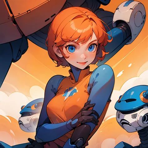 ((solo)), girl, short hair, orange hair, smile, blue lipstick, blue eyes, ((corret body)), strong body, confidently, shirt, robotic arm, arms down