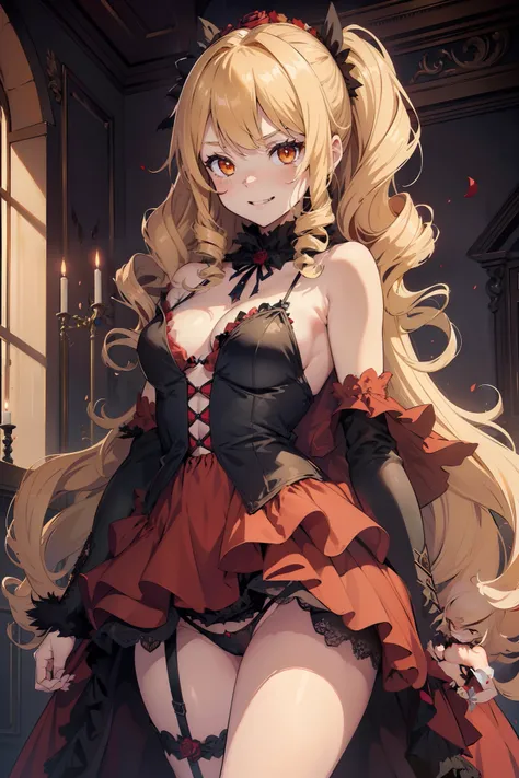 (masterpiece, high quality, detailed), 1girl, vampire girl, big poofy sandy-blonde hair, bright yellow eyes, hair drills, smug grin, (wearing slutty red dress), (plunging neckline), black fur trim, small beasts, petite, provocative, flowing cape, haunted c...