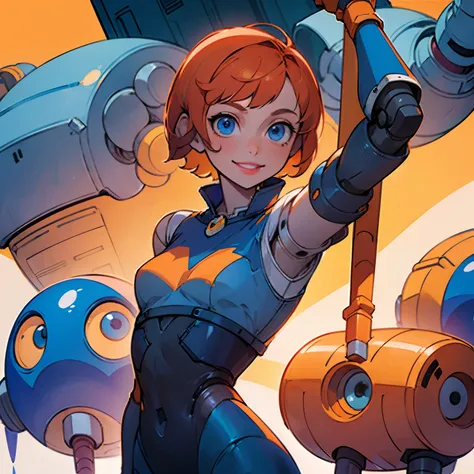 ((solo)), girl, short hair, orange hair, smile, blue lipstick, blue eyes, ((corret body)), strong body, confidently, shirt, robotic arm, arms down