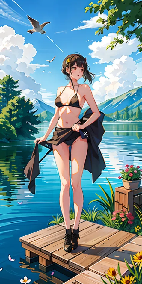 suzu_me, 1 girl, solo, (standing), full body,looking aside,brown eyes, black hair, hairclip, single drill, green bikini, sexy, nsfw(light rays:1.2),(sun:1.2),(blue sky:1.1), (moutains:1.2),(lake:1.1),(flowers:1.3),lawn,(dock:1.1),(birds:1.1),trees,from abo...