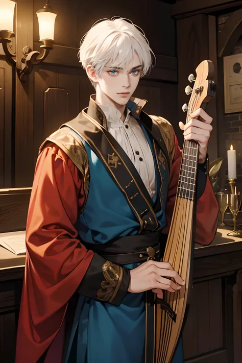 A handsome man with short medium-sized hair,White hair and blue eyes,bard holding a lute, um artista trovador medieval, um artista da era medieval, um bardo elegante para um RPG, uma Arte medieval, Hes in a dark wooden room with little light, iluminada por...