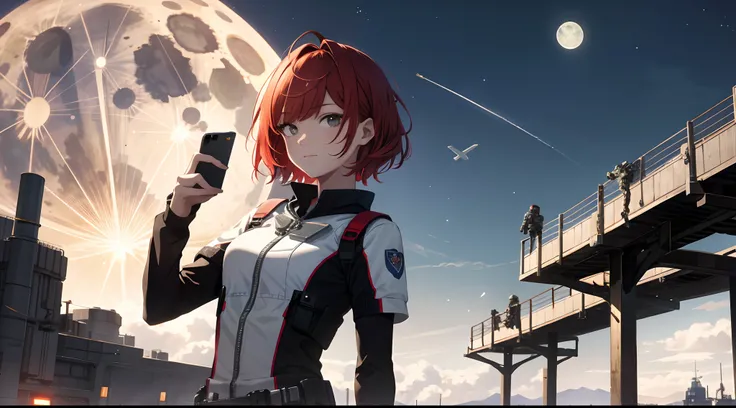 Absurd resolution, high resolution, (masterpiece: 1.4), hyper-detail, open dock weapons testing field by the moon, 1 young woman, short red hair, astronaut costume, looking at a phone (1.2) Very serious expression