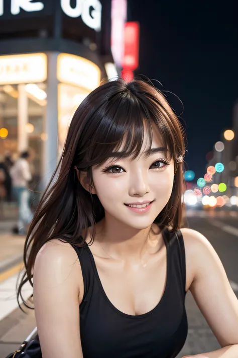 realistic photos of (1cute Korean actress), Tank top, In the city at night, Smiling, Canon EOS, Clear facial features, portrait closeup, Cinematic Mode, 8K