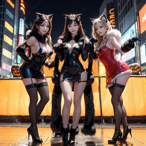 masterpiece, top-quality, top-quality, Beautifully Aesthetic:1.2, ((3girls)), Halloween night, 
((Middle girl is Wearing a high-quality Black Cat costume of fur, gloves of Cat, fur miniskirt):1.2), high detailed, 
((Left girl is Wearing a high-quality Red ...