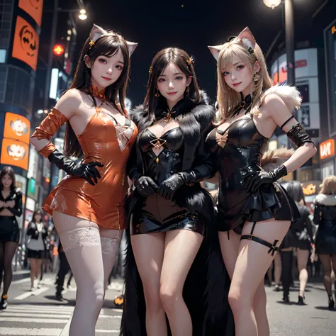 masterpiece, top-quality, top-quality, Beautifully Aesthetic:1.2, ((3girls)), Halloween night, 
((Middle girl is Wearing a high-quality Black Cat costume of fur, gloves of Cat, fur miniskirt):1.2), high detailed, 
((Left girl is Wearing a high-quality Red ...