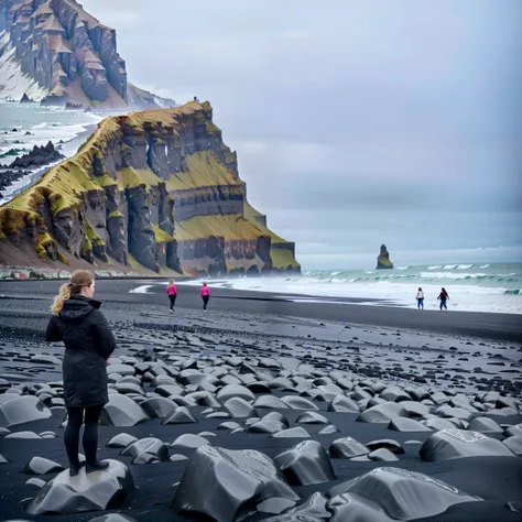 There was a woman standing on the beach with a camera, sheer cliffs surround the scene, Black sand, image from afar, There are a lot of dark gray rocks, tourists in background, iceland photography, ominous figure in the background, person in foreground, me...