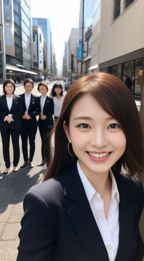 The face is a hostess、Business suits、group、hiquality、A hyper-realistic、healthy、Smiling expression、Slender perfect figure、Japan beauties、beautidful eyes、face perfect、Beautiful skin、the background is a tall building