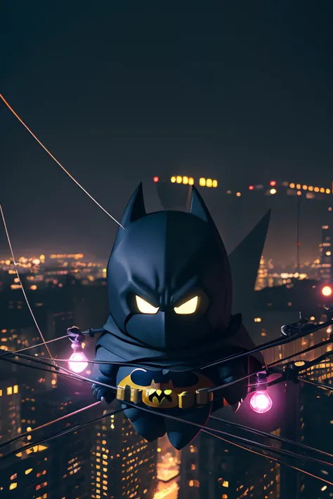 Photorealistic, 8k, cmyk+, dynamic composition, batman with a very very cute character, huddled together on electric wires, gloomy night.