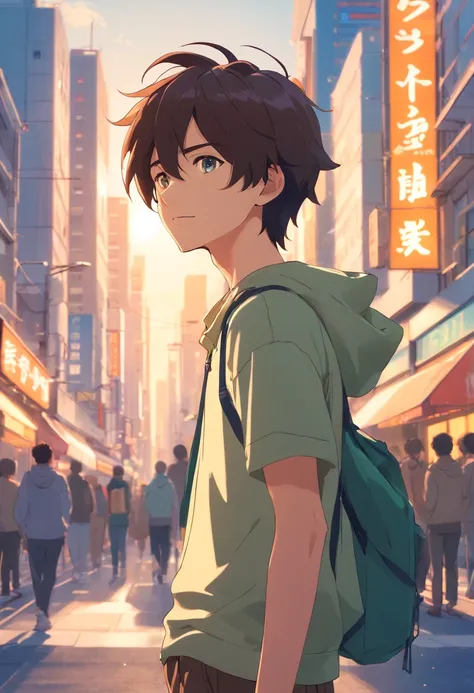 A boy, transformed into an anime style, with exaggerated unique facial features and clothing, standing on a bustling city street, backlit background highlighting the subject, high-contrast colors, 4K high-definition quality，young, smiling, handsome