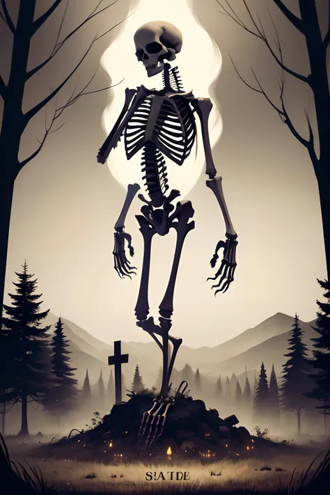 Draw an image in vintage style that captures the essence of peace in death. In the center of the image, illustrate a skeleton walking towards a gloomy cemetery, with tall, sinister trees in the background. The sky above the cemetery should be dark, with oc...