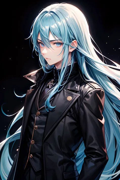 anime eyes, a young man, long blue hair, black overcoat, black background